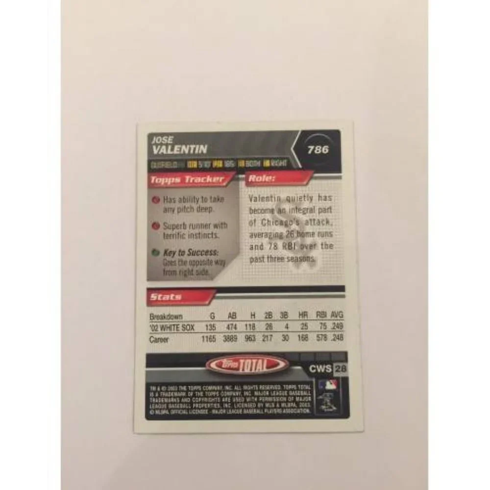 2003 Topps Total Jose Valentin White Sox IP Auto #786 (019)